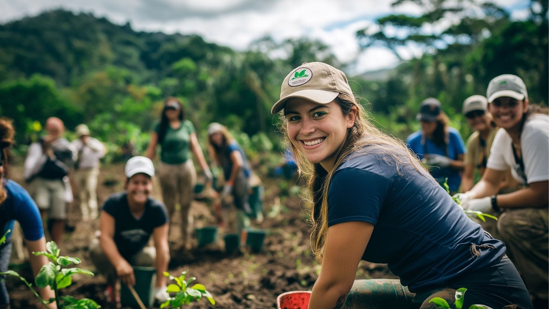 A smiling woman in a cap participates in a tree-planting activity, surrounded by a group of volunteers in a lush, green setting, symbolizing community involvement and social impact initiatives.