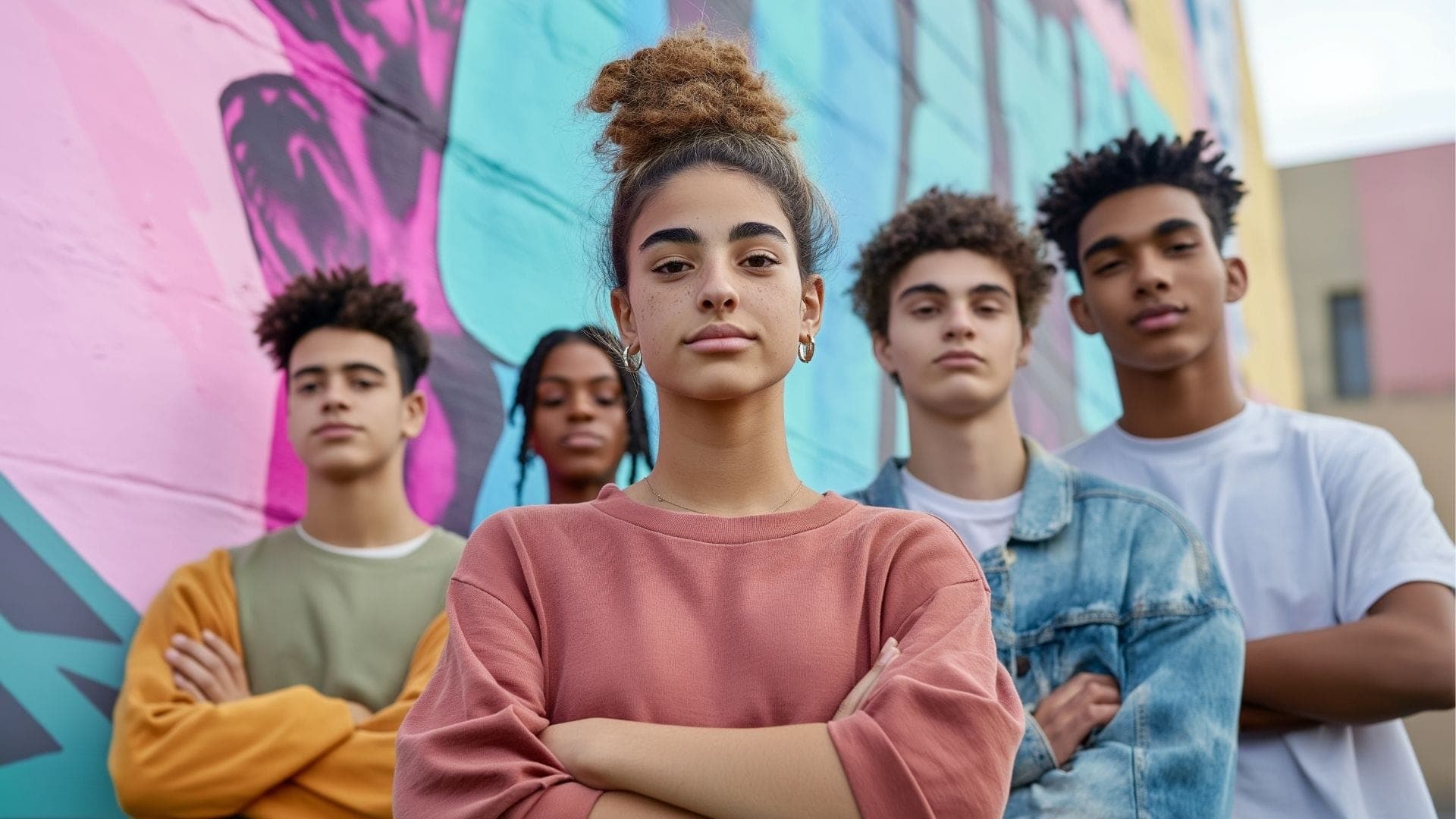 A diverse group of Gen Z individuals standing confidently in front of a colorful mural, arms crossed, symbolizing a new generation demanding transparency and impact in philanthropy.