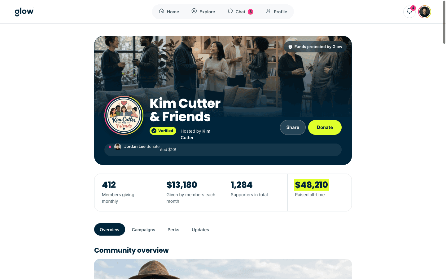 A Glow community fund page on the web