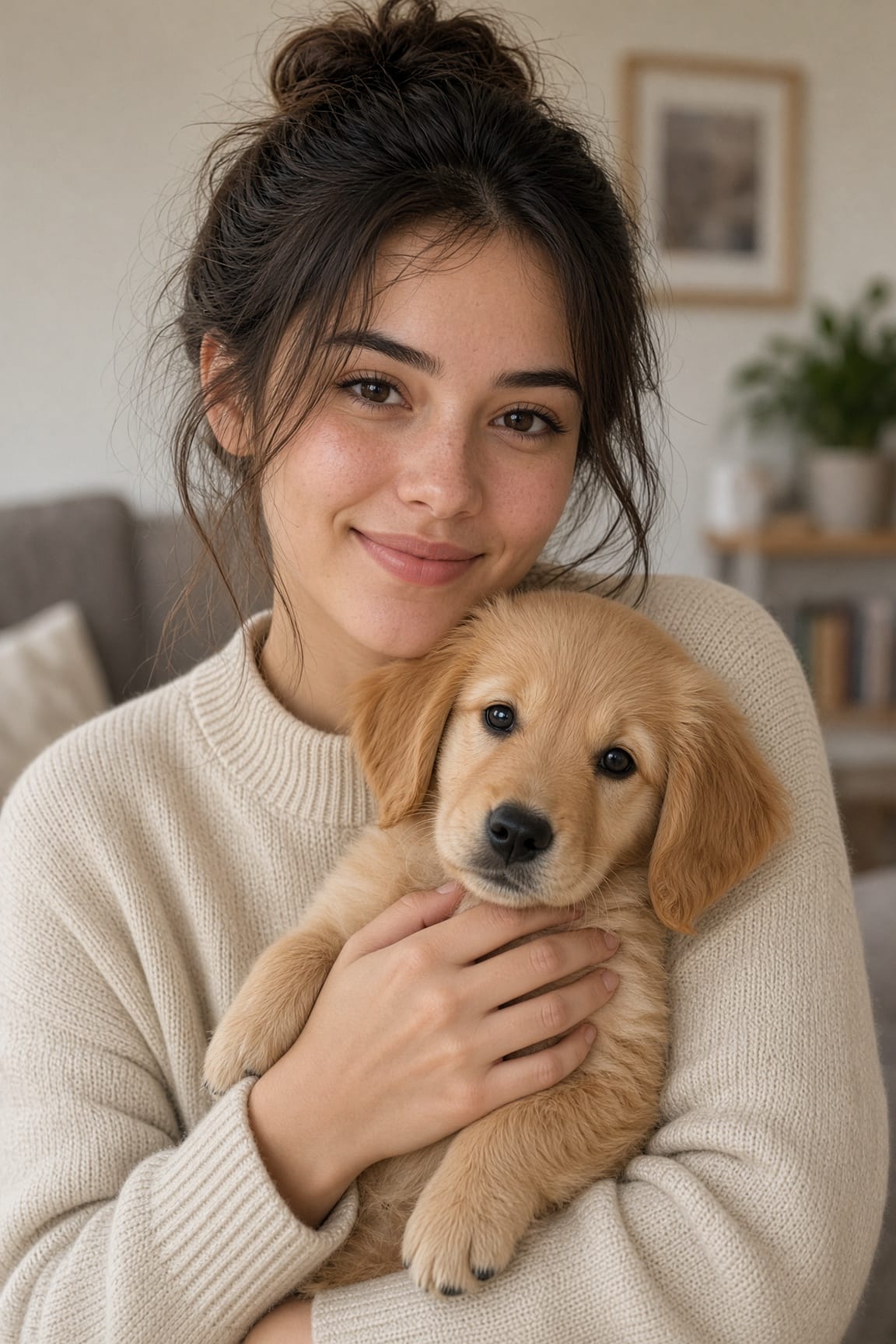 A volunteer holding a golden retriever puppy