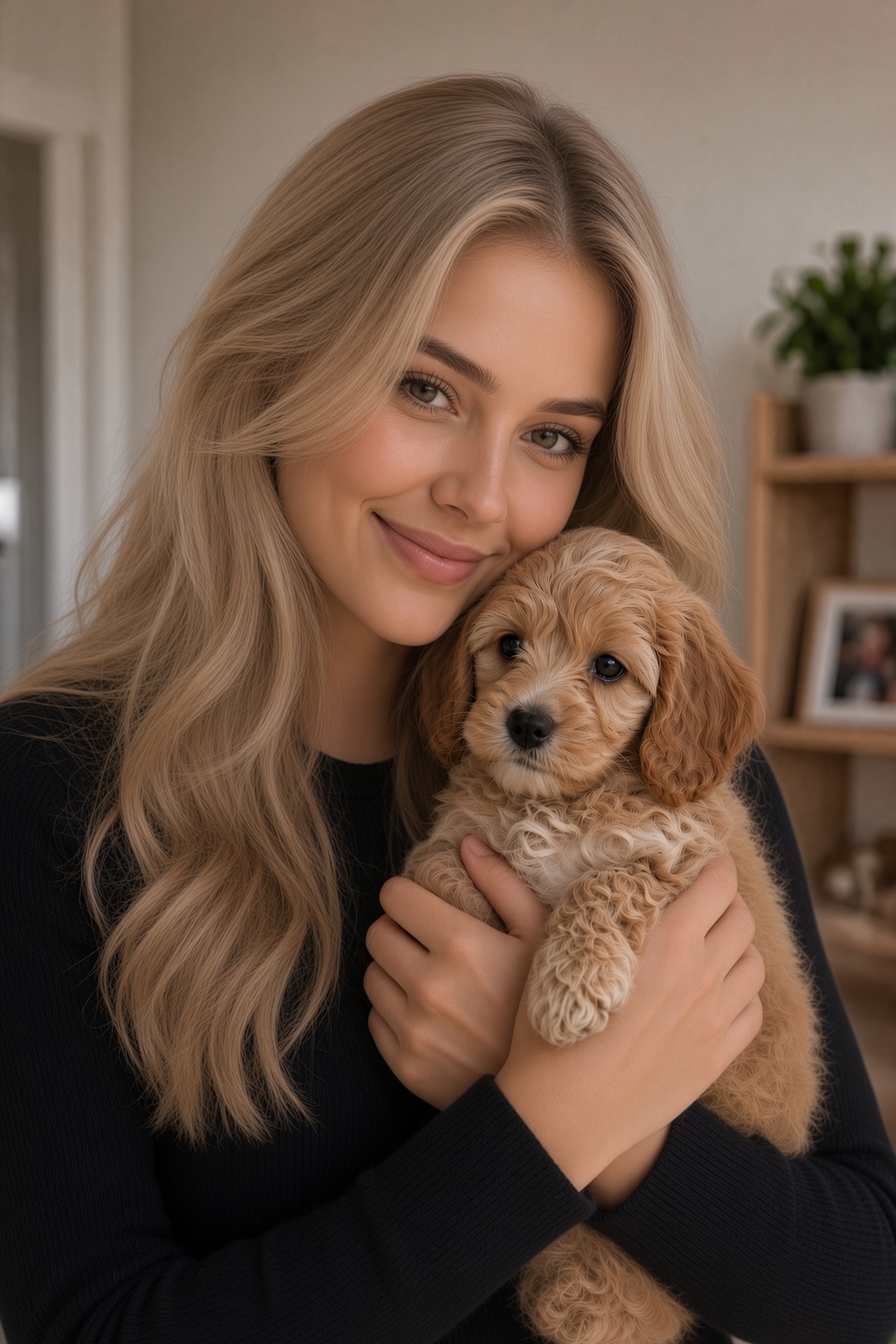 A volunteer holding a poodle puppy